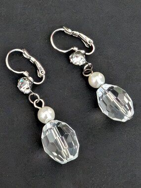 Faux pearl, glass and cz drop earrings